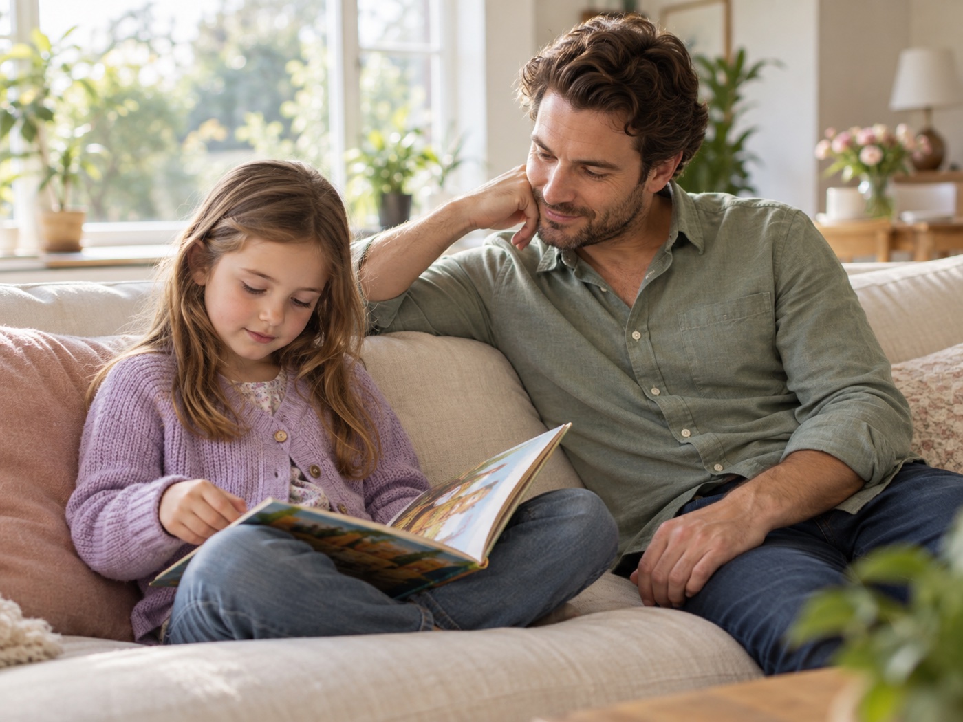 Father and daughter reading calmly together on a cozy sofa at home