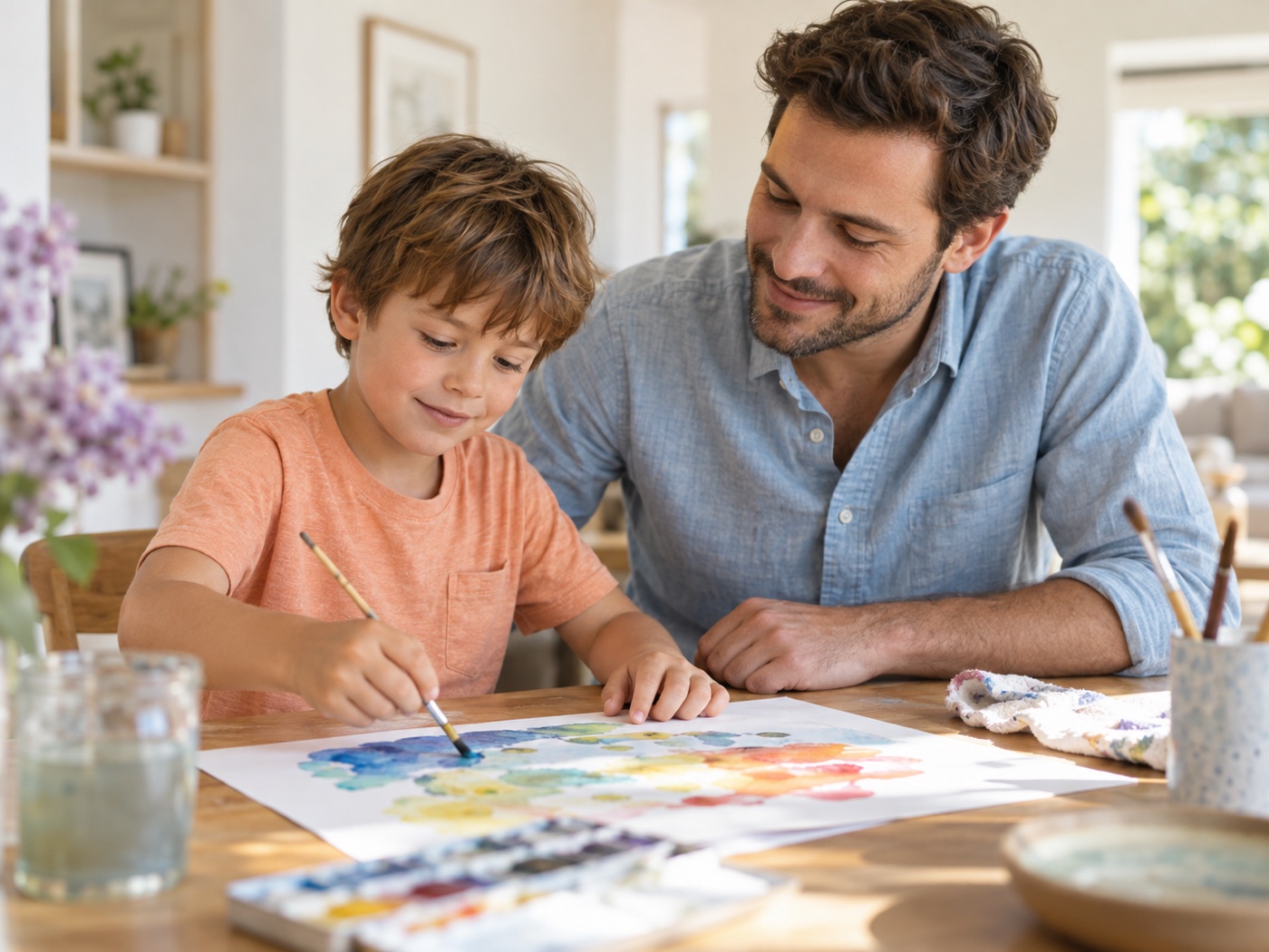 Father and young son sharing a joyful watercolor painting activity at a sunlit table