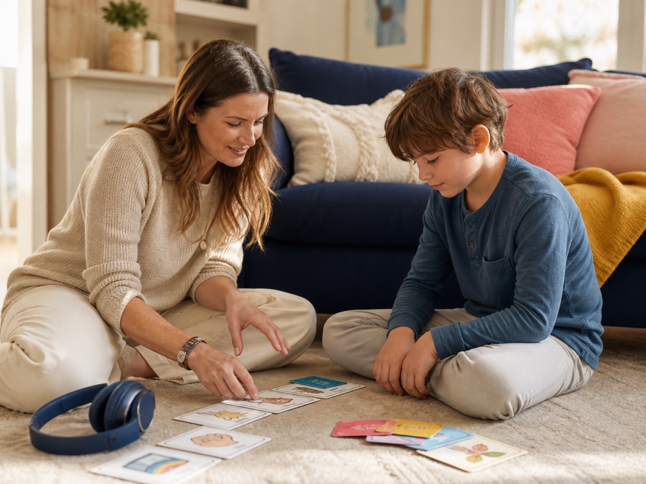 Mother and son sitting on a living room rug exploring visual communication cards together