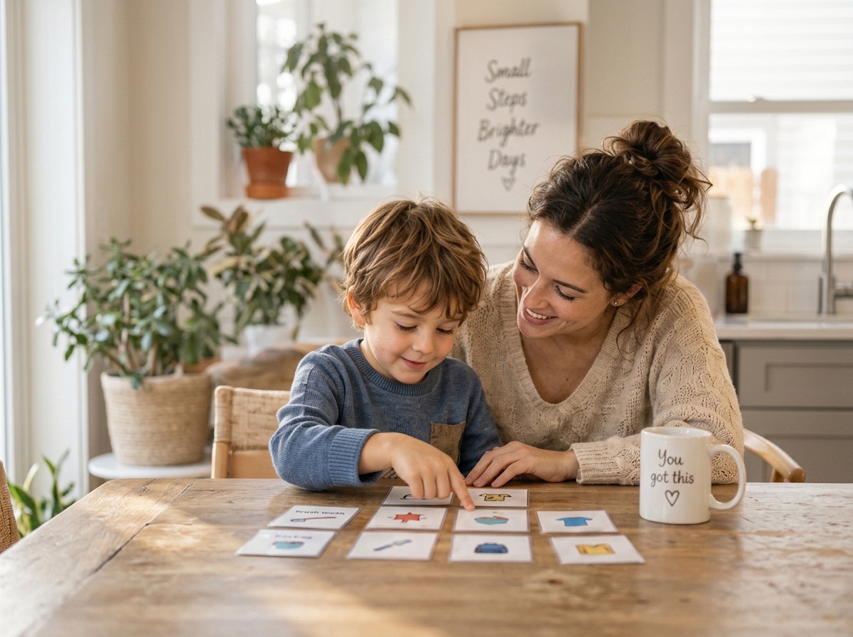 A mother smiling warmly at her young child as they explore visual communication cards together