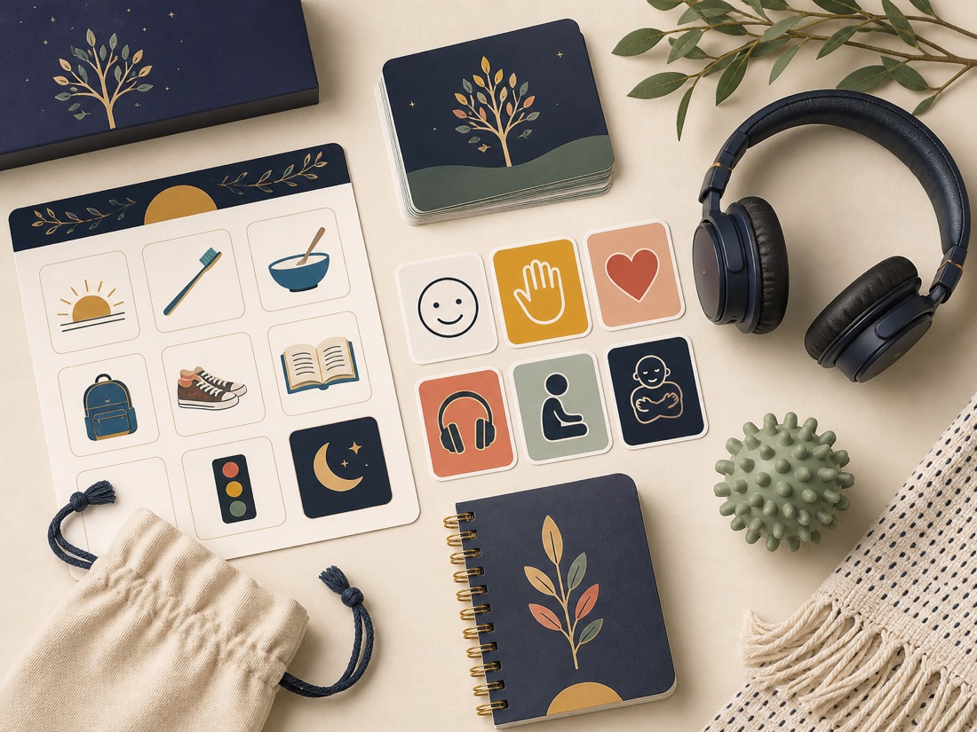 Printed visual schedule board, emotion choice cards, calming headphones, and sensory tools