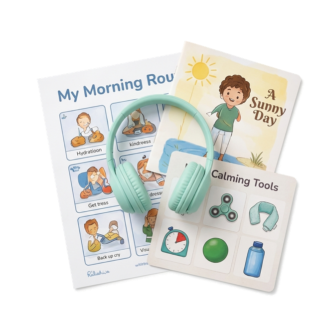 Visual schedules, routine cards, and calming mint headphones