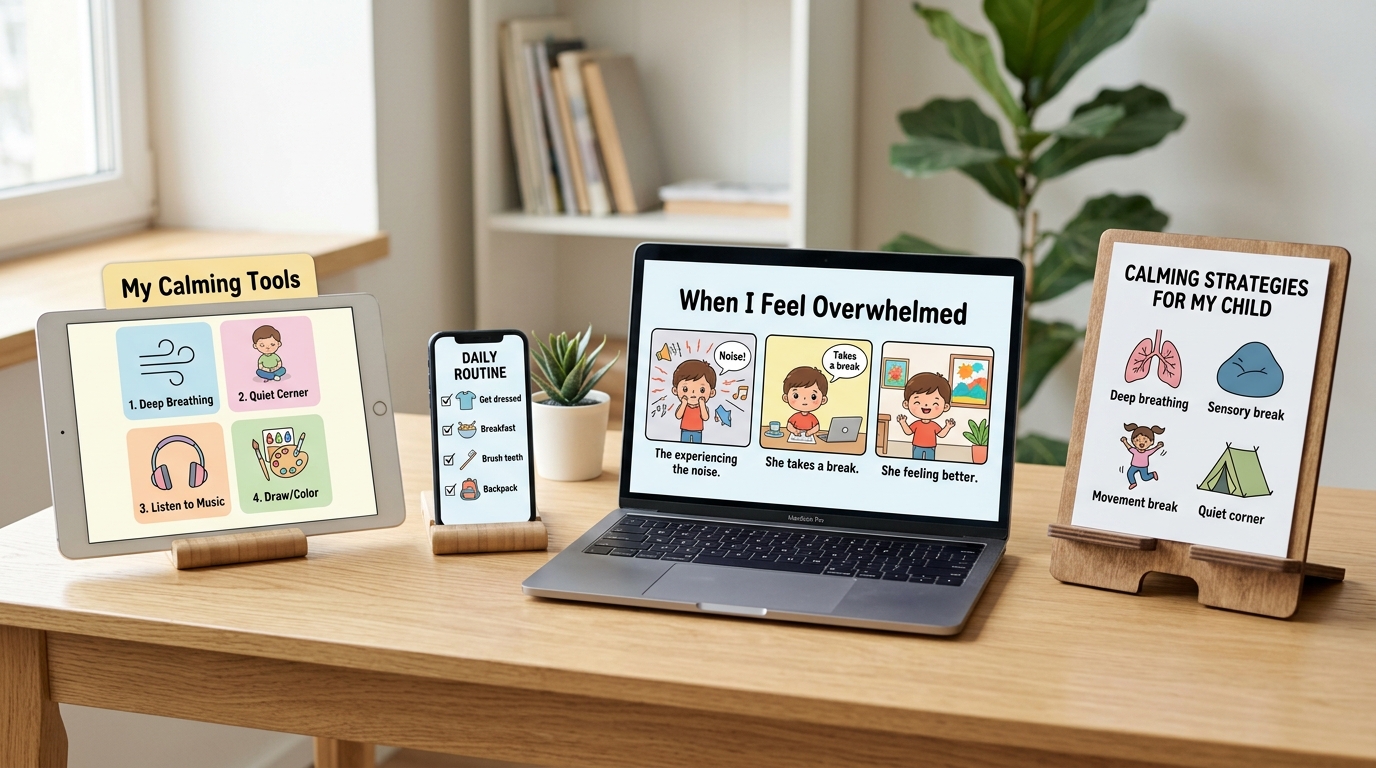 Visual schedules, calming strategies, and daily routines displayed across laptop, tablet, phone, and printed stand